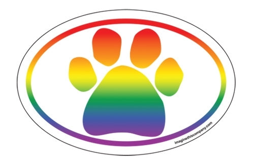 Rainbow Paw Oval Pet Magnet With Rainbow Trim