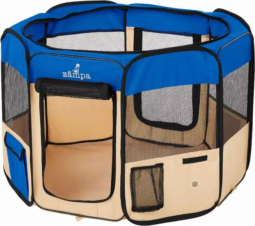 Medium (45"x45"x24") Blue Zampa Portable Foldable Pet playpen Exercise Pen Kennel + Carrying Case