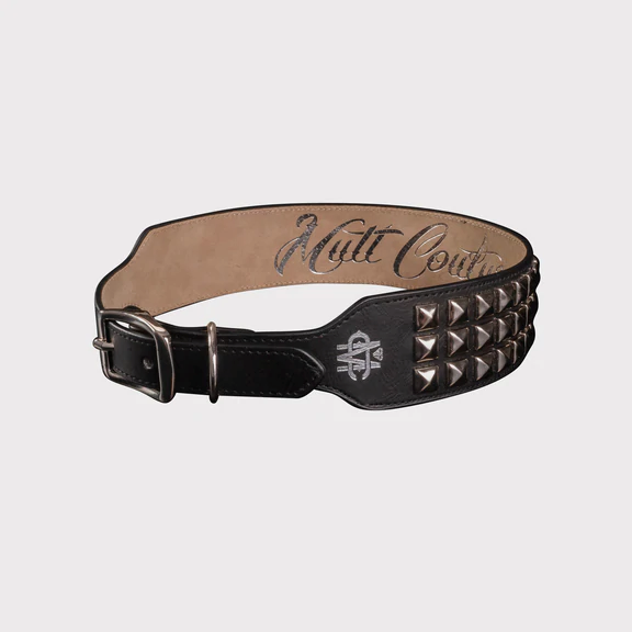 Mutt Couture Black Leather Dog Collar With Chrome Studs Thickness 1.5 Inch