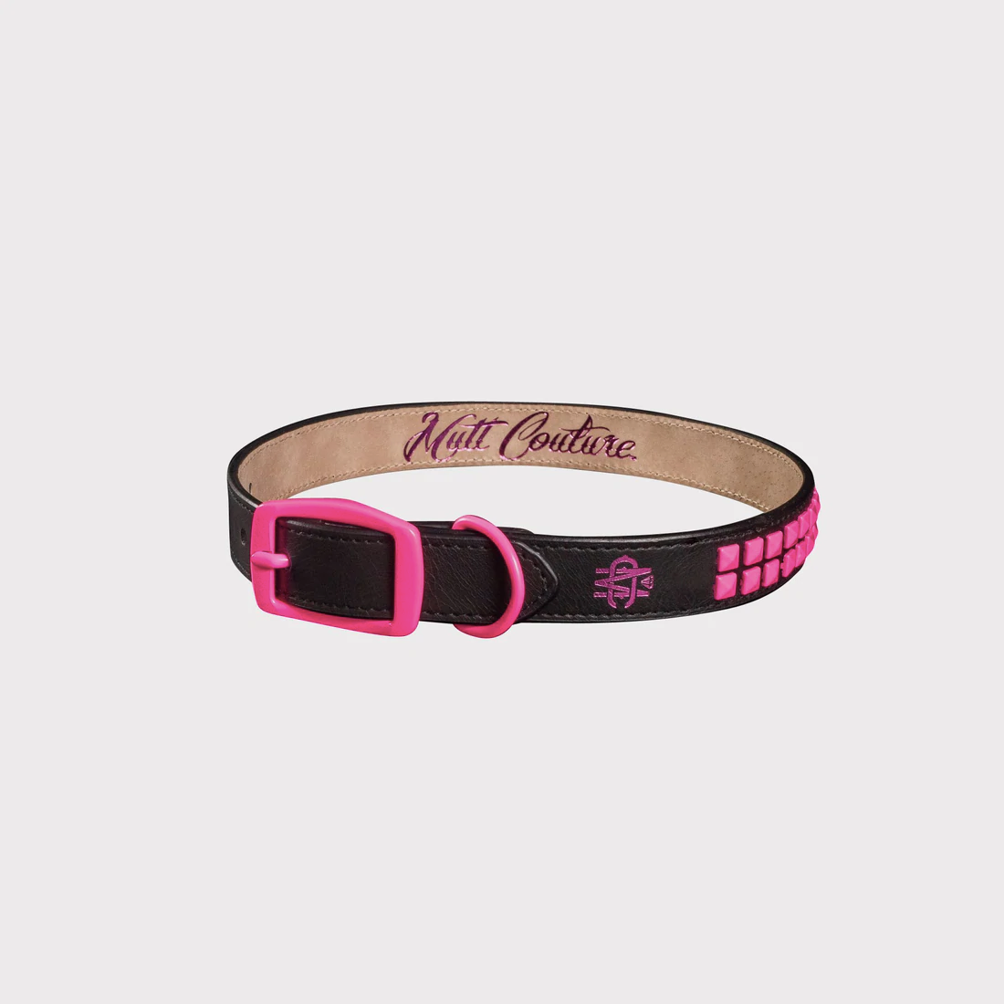 Mutt Couture Black Leather Dog Collar With Pink Studs Width .75 Inch
