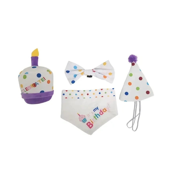 4-Piece Dog Birthday Kit: Bandana, Hat, Bow Tie, Plush Toy